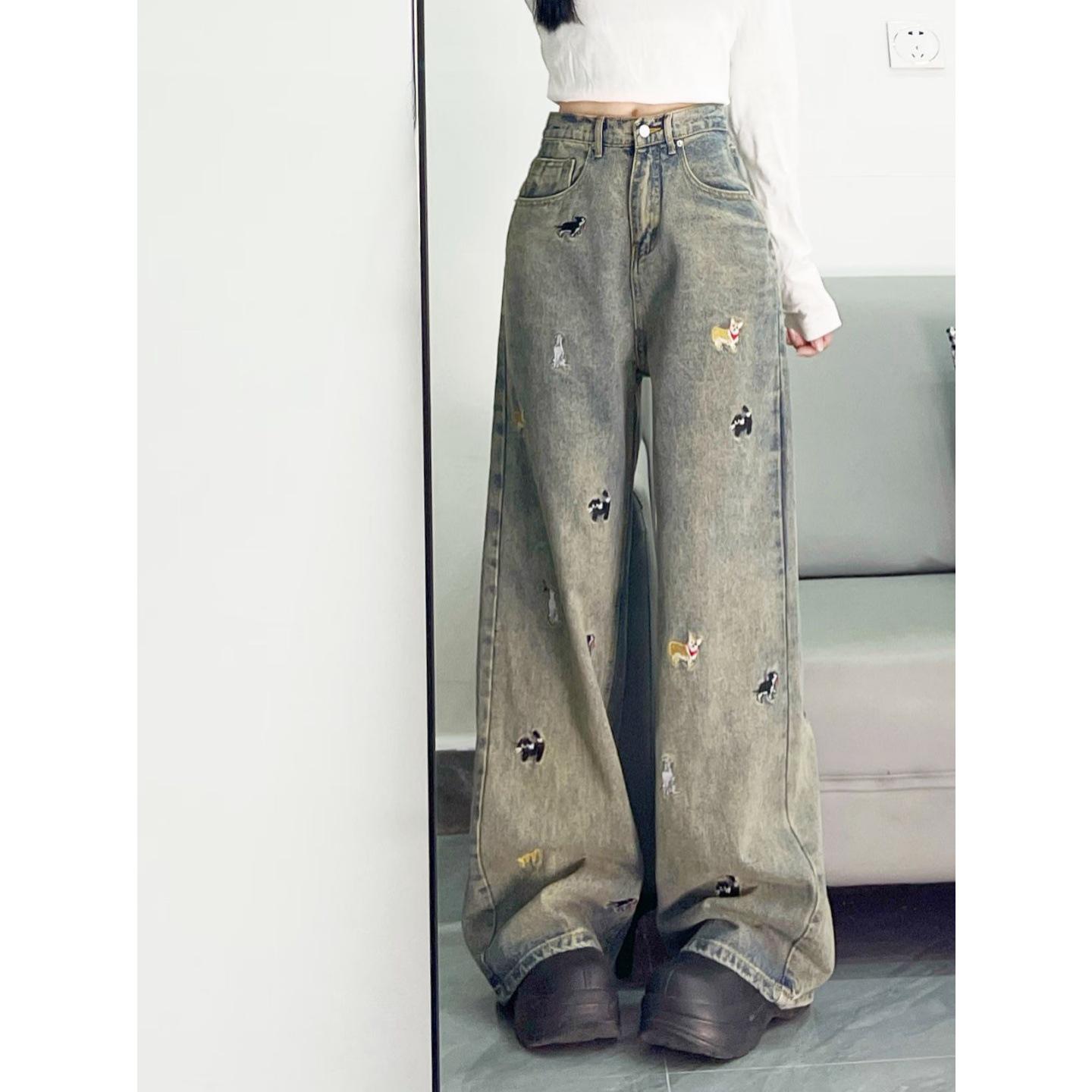 

Женские осенние джинсы с высокой талией и широкими штанинами, с вышивкой щенков - Ретро, Слимминг, Прямые, Длина в пол 4XL синий