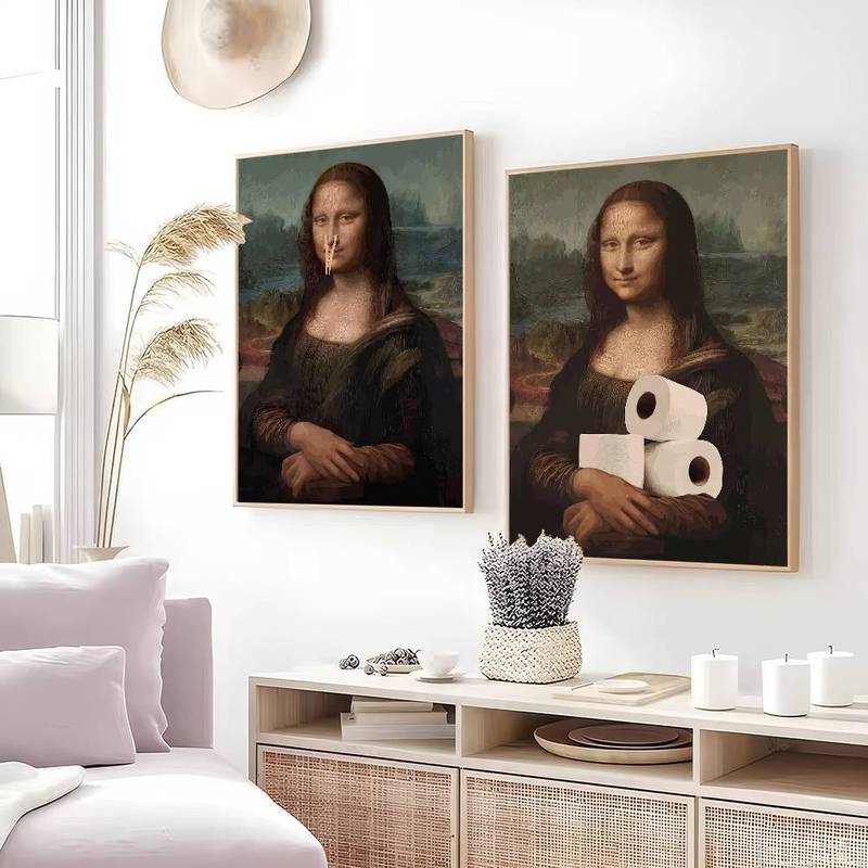 Funny Bathroom Toilet Decoration Painting Mona Lisa Wearing Pearls Girl With Roll Paper Canvas Prints Posters Home Wall Decor