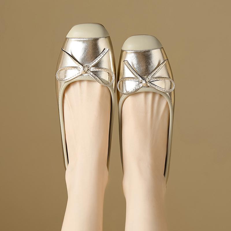 Fashion Silver/Gold Bowtie Ballet Shoes Woman 2025 Spring Flats Ladies Shallow Slip On Loafers Office Dress Moccasins Pig Toe Ballerinas