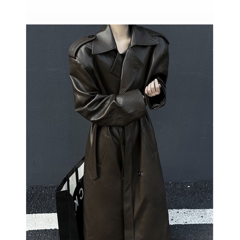 

Fall and Winter Leather Coat Mid Length Long Length Fashion Sexy Stylish Trench Coat Belt Outwear Women s PU Leather below-the-Knee Coat Tide Coat Dark brown L