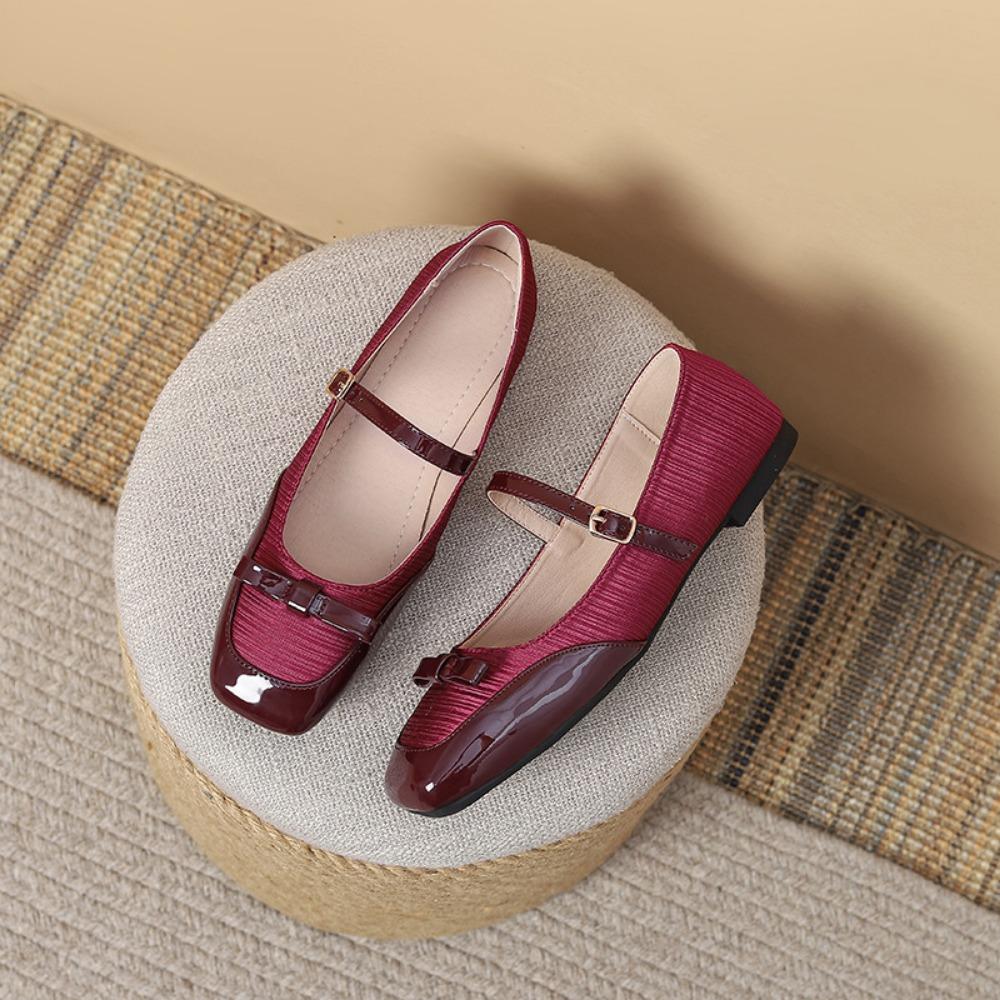 Flat Shoes for Women Spring and Autumn New Spliced Square Toe Shallow Mouth Flats Single Button Mary Jane Single Shoes for Women