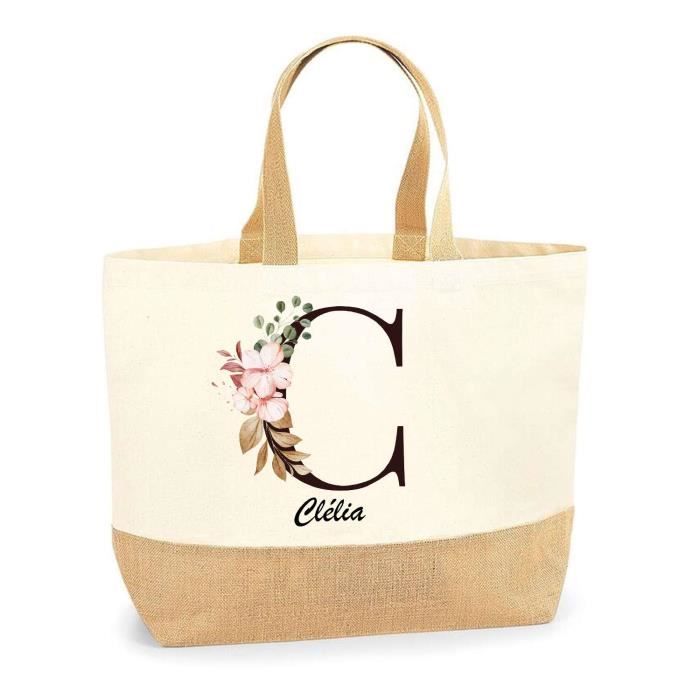 Cabas de plage - PLANETEE - Clélia Lettre Fleur - jute naturel - motif multicolore - fabriqué en France