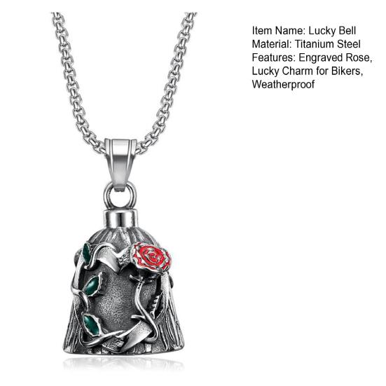 Luck Riding Bell Biker Guardian Lucky Bell Titanium Steel Bell with Engraved Rose Vines Hanging Bell for Key Ring Car Backpack