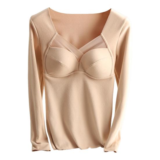 Women Bottoming Tops V-Neck Chest Padded Long Sleeve Thermal Tops Elastic DE Velvet