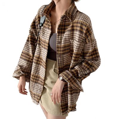 Camisa Xadrez Larga Feminina Inverno Bolsos Manga Morcego Colarinho Virado para Baixo Blusa Grossa Casual Roupa Exterior