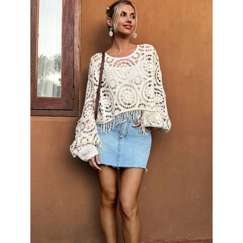 New Arrival Fashion Fashion Round Neck Knitting Crocheted Cut Out Loose Batwing Long Sleeve Blouse Air Conditioning Shirt Sun Protection Clothing