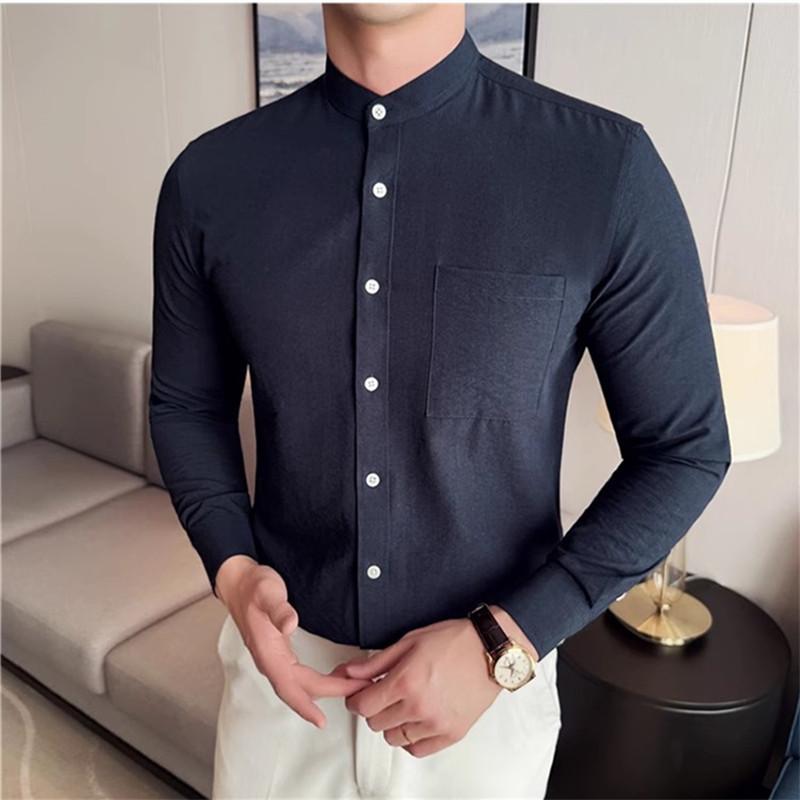 Stand Collar Men's Shirt High High Quality Long Sleeve Casual Business Dress Shirt Slim Fit Streetwear Men Clothing