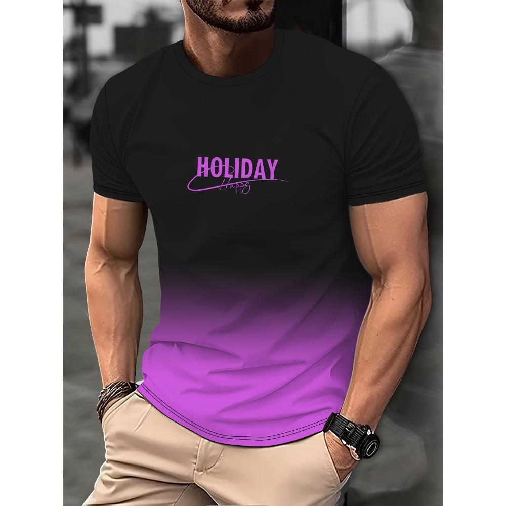 Męska koszulka z nadrukowanym napisem w gradientowych kolorach Casual T-shirt z krótkim rękawem i okrągłym dekoltem na letnie zajęcia na świeżym powietrzu Topy Odzież