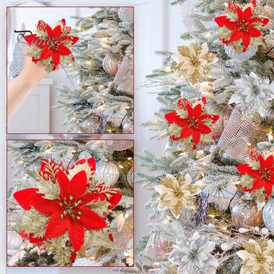 12/24 Stücke Weihnachten Künstliche Blume Glitter Blätter Rot Goldene Silber-farbe Geschichteten Weihnachtsbaum Kranz Dekoration Gefälschte Blume Party Foto Requisiten