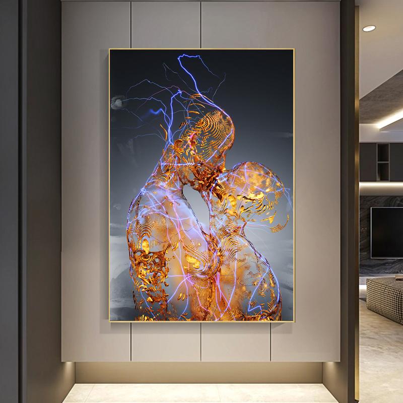 Moderní Abstraktní Zlaté Kovové Portréty Obrazy Líbání milenci Malba na plátně Nástěnné Umění Plakáty a grafiky Obývací pokoj Home Decor
