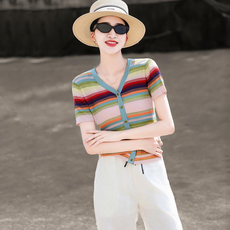 Lansere Women's Striped V-Neck Knit Short-Sleeve Top