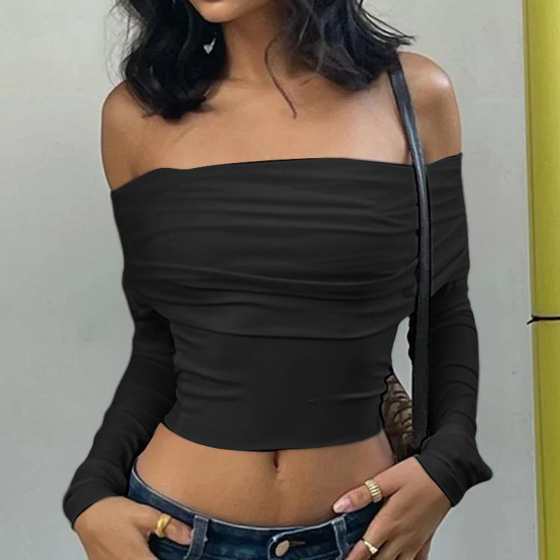 

VONDA Женские винтажные обтягивающие однотонные футболки с открытыми плечами и длинным рукавом 5XL чёрный