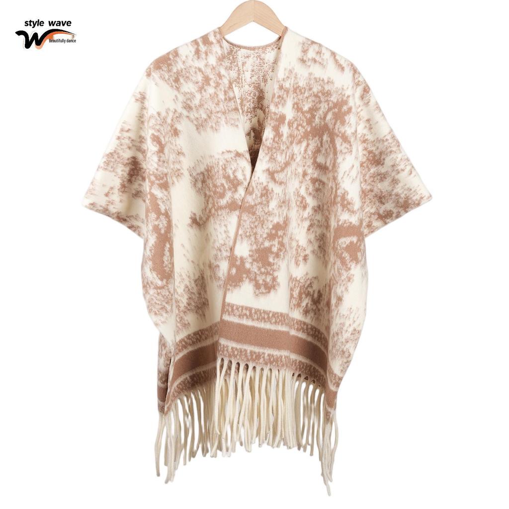 Women's Thick Jacquard Tassel Shawl - Versatile Solid Color Cape for Autumn/Winter