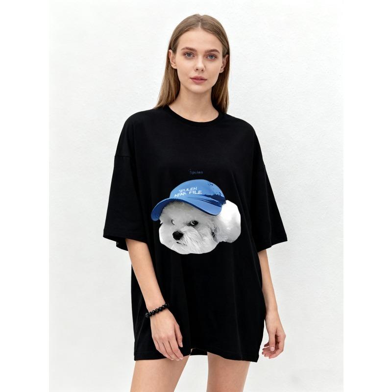 Oversized T Shirt Black Dog Wearing Blue Cap Print Casual Streetwear Style Unisex Top For Everyday Wear And Outings