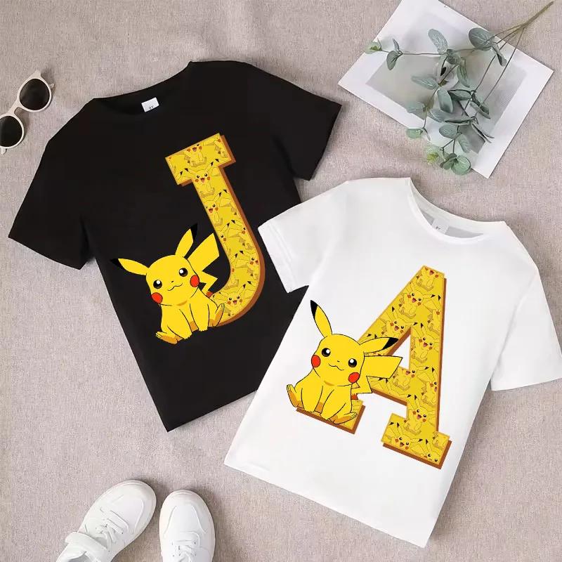 Short Sleeve Summer T-shirt Tops Cotton Tee for Pokemon Pikachu Anime A-Z Letters Printed Cute Clothing Children Casual Clothes