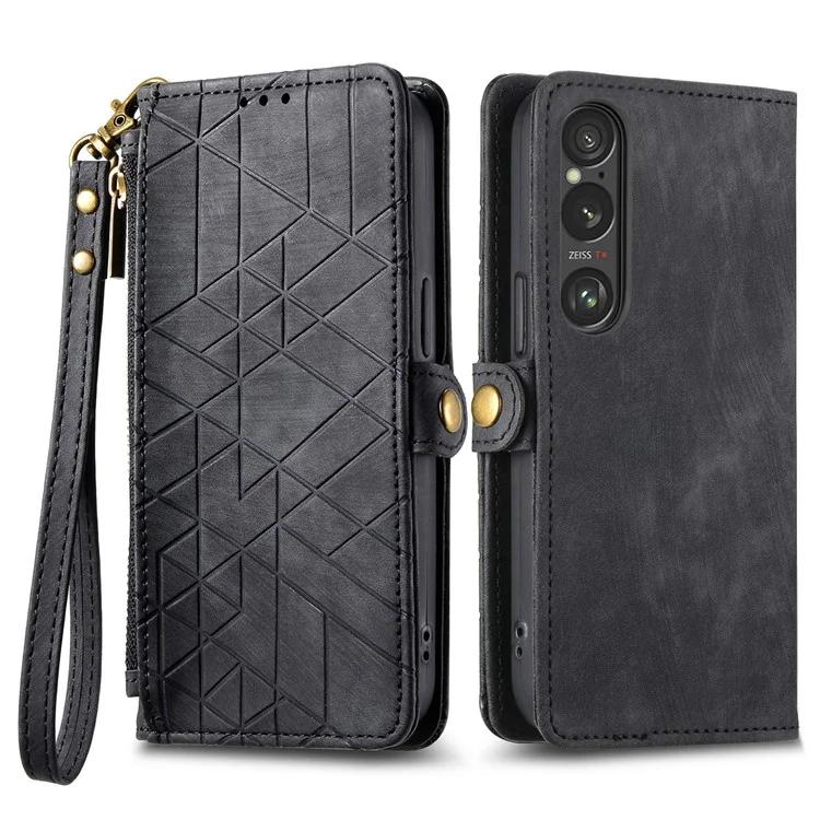 

For Sony Xperia 1 VI Case Zipper Wallet Geometry Leather Phone Cover - Black