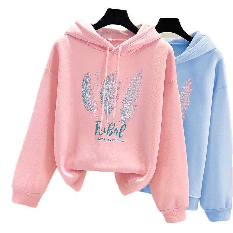 Korean Style Women's Fleece-Lined Hooded Sweatshirt, Plus Size, Loose Fit, Long-Sleeved, for Autumn and Winter.
