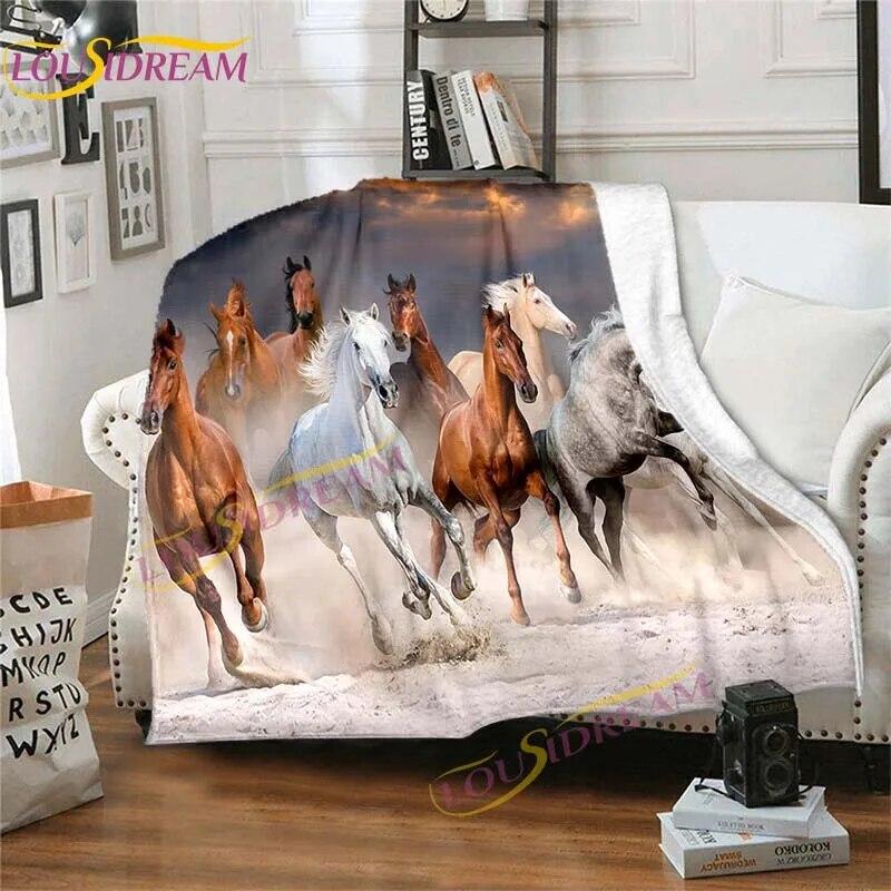 Přikrývka s koňským cvalem Zvířecí flanelové přikrývky 3D Art Decor potisk přikrývky Bílá přikrývka na přikrývku koně Rozkládací pohovky Přehoz přikrývky