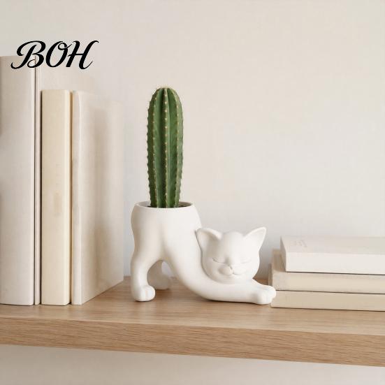 Indoor Succulents Container 3D Printed Stretching Cat Planter Pot, Cute Kitty Creative Desktop Plant Holder Animal Flowerpot, Lovely Kitten