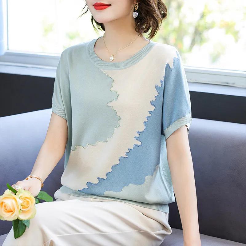 

Women s Summer Short-sleeved Ice Silk T-shirt Middle-aged and Elderly Round Neck Splicing Knitted Tops 3XL синій