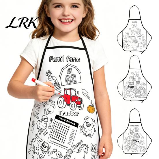 Childrens Drawing Apron Kids DIY Coloring Apron, Washable Food Animal Theme Painting Fabric Color Your Own for Toddlers Boys Girls Children