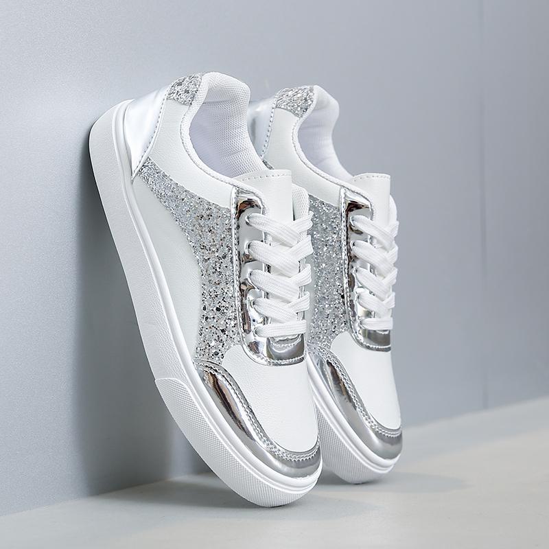 Fashion Sneaker Metal Color Casual Vulcanized Sport Shoes Fashion White Shoe for Woman Flats Shoes Summer Breathable Shoes Women