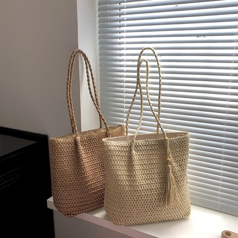Yogodlns Women Hand Woven Tote Bag Solid Color Large Capacity Square Handbag Straw Shoulder Bag with Tassel Pendant