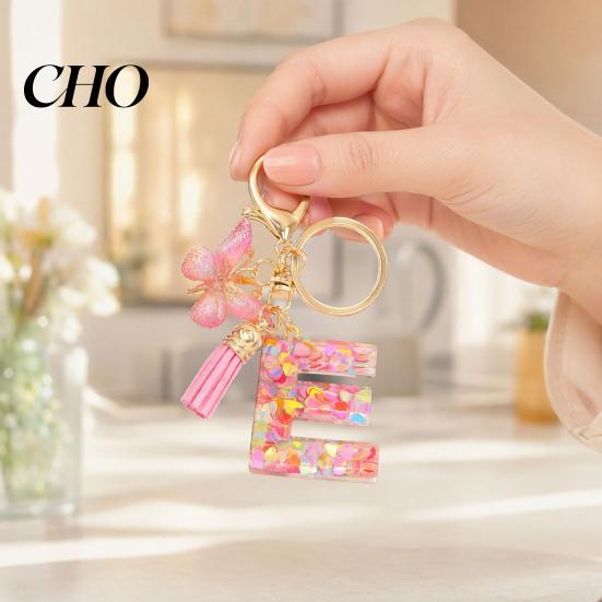 Pocket Keychain Pink Series Pendant, Sequins Heart Initial Letter Charm Key Chain with Backpack Butterfly Tassel Design, A-Z Holder for Bag