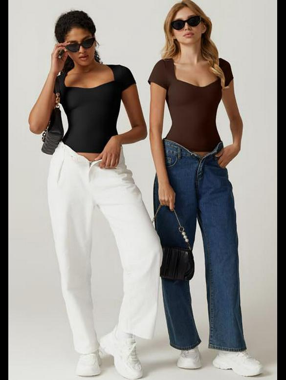 2024 Women's Heart-Shaped Collar Short-Sleeve Slim-Fit Crop Top