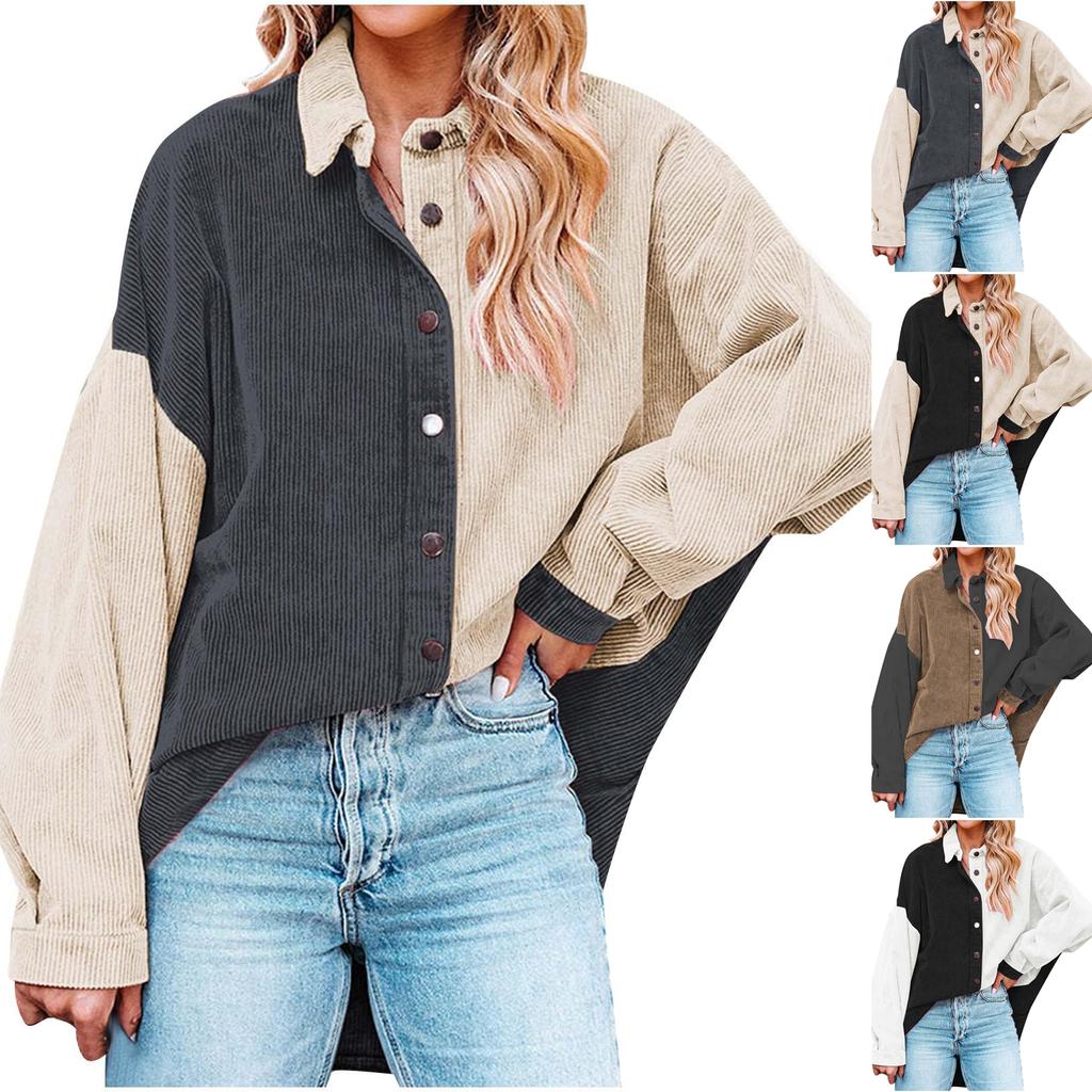 Women's Color Blocked Button Down Corduroy Shirt Long Sleeved Corduroy Jacket