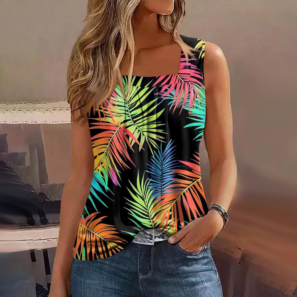 Dámské letní ležérní plisované tílko bez rukávů se čtvercovým výstřihem s potiskem