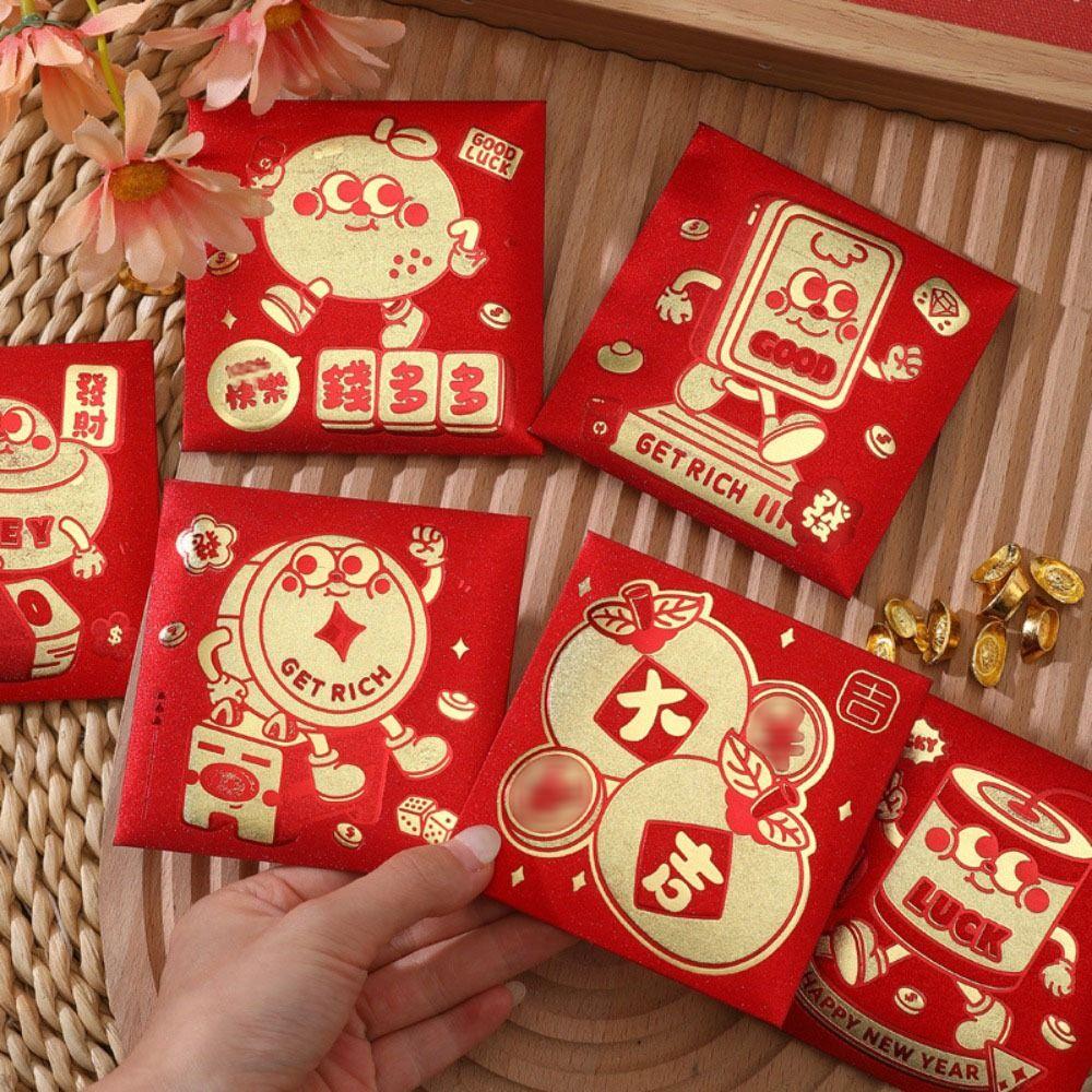 6pcs Solid Chinese New Year Red Envelope Hot Stamping Red Packet Cartoon Lucky Money Bag Kids