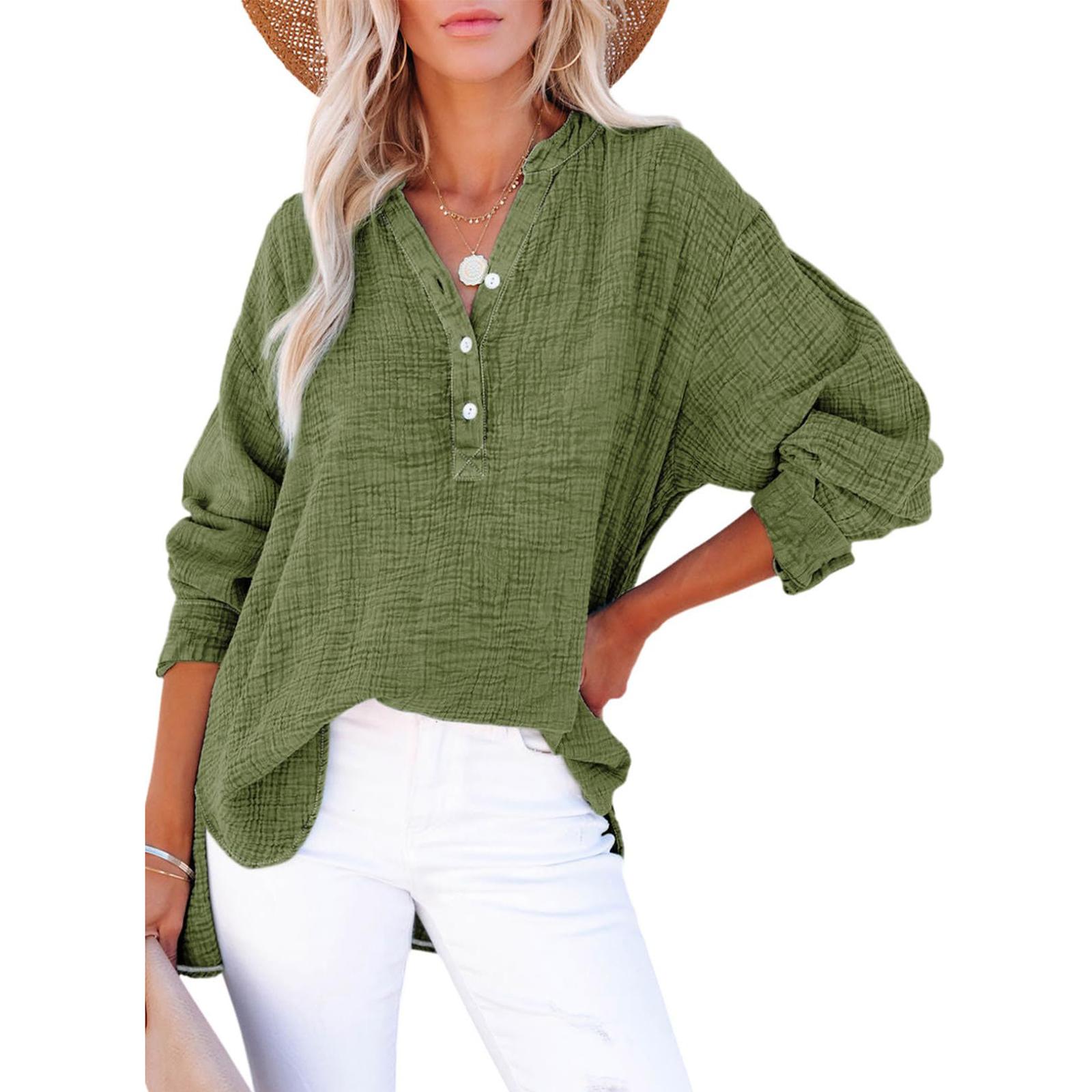 Women s Fashion Casual Loose Pleated Button-Up Long Sleeve  Color Pullover Shirt Top M
