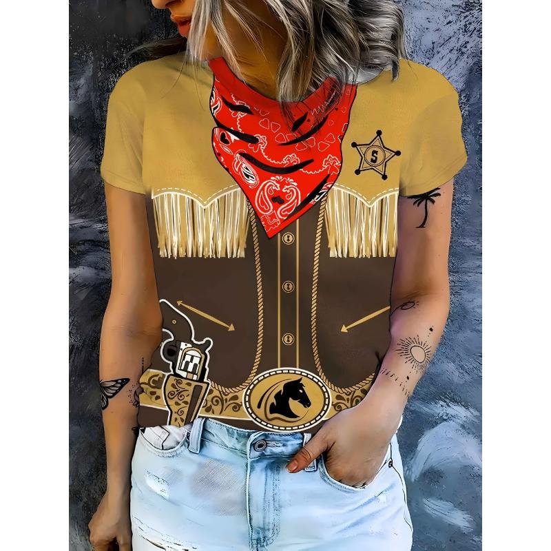 Modisches Damen Rundhals Kurzarm 3D Porträt Farbig Bedrucktes Porträt Kurzarm Rundhals T-Shirt