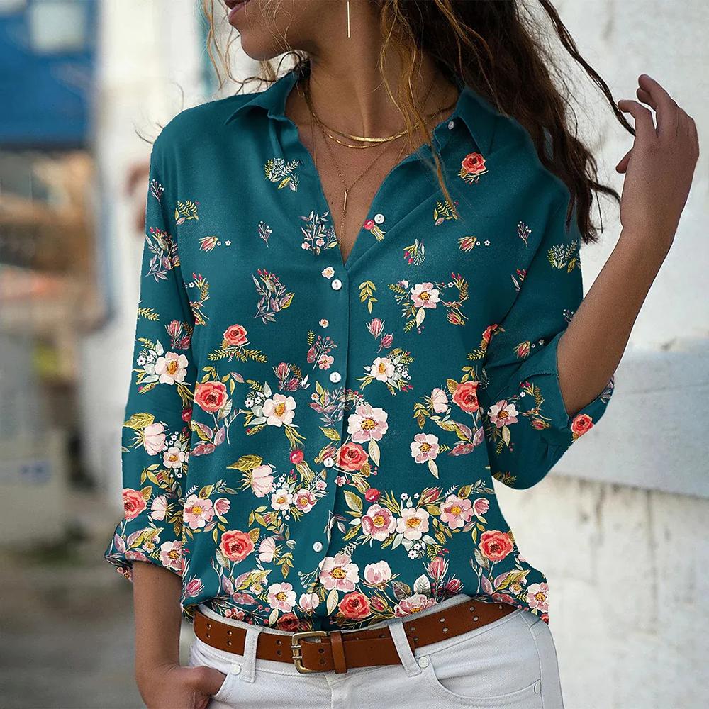 Autumn Women's Flower Print Shirt Fashion Button Top Slim Fit Comfortable Women's Button V-neck Casual Long Sleeve Shirt