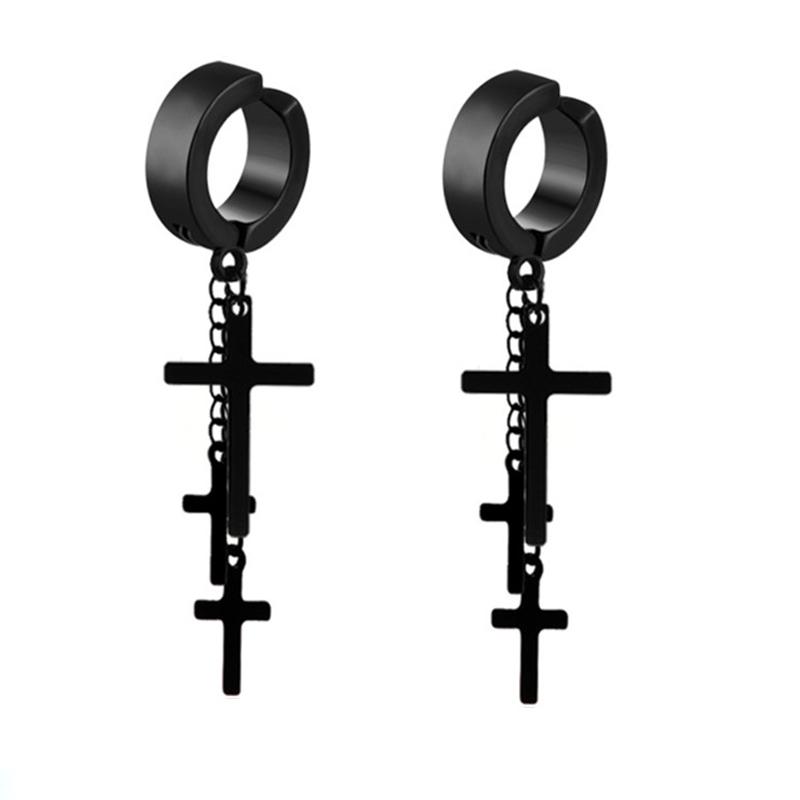 Set di 2 orecchini a cerchio pendenti con catena lunga a croce in acciaio inossidabile per uomo donna Regali Tono Nero/Argento