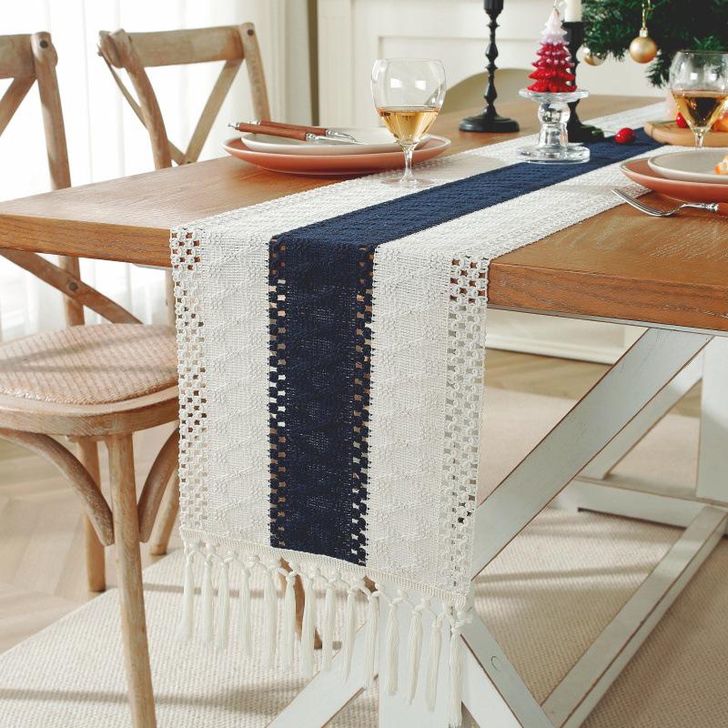 Хлопково-льняная скатерть-дорожка с кисточками - Американский кантри стиль 30x120cm