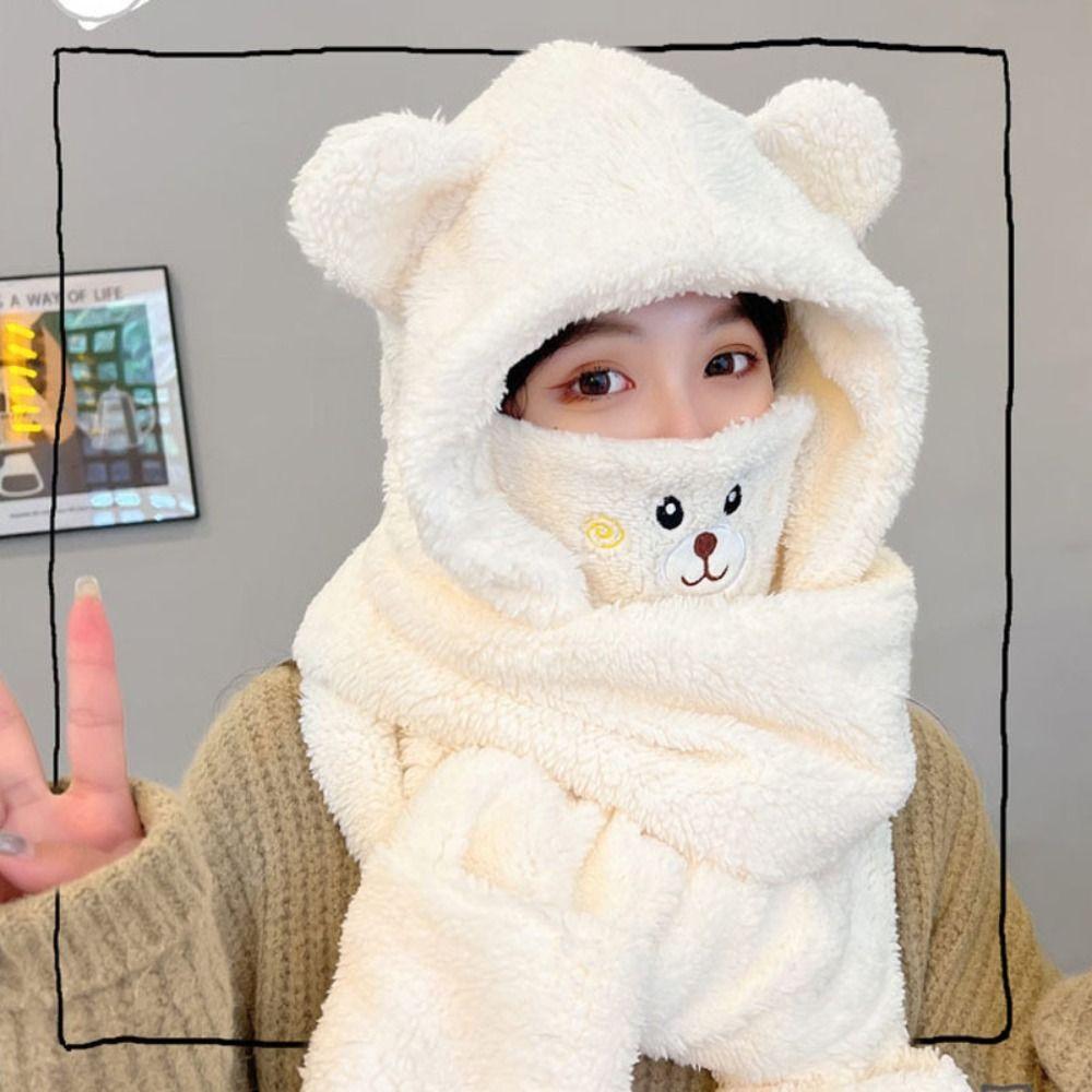Winter Warm Women Beanies Caps Cute Bear Ear Integrated Cap Scarf Ear Protection Caps Cycling