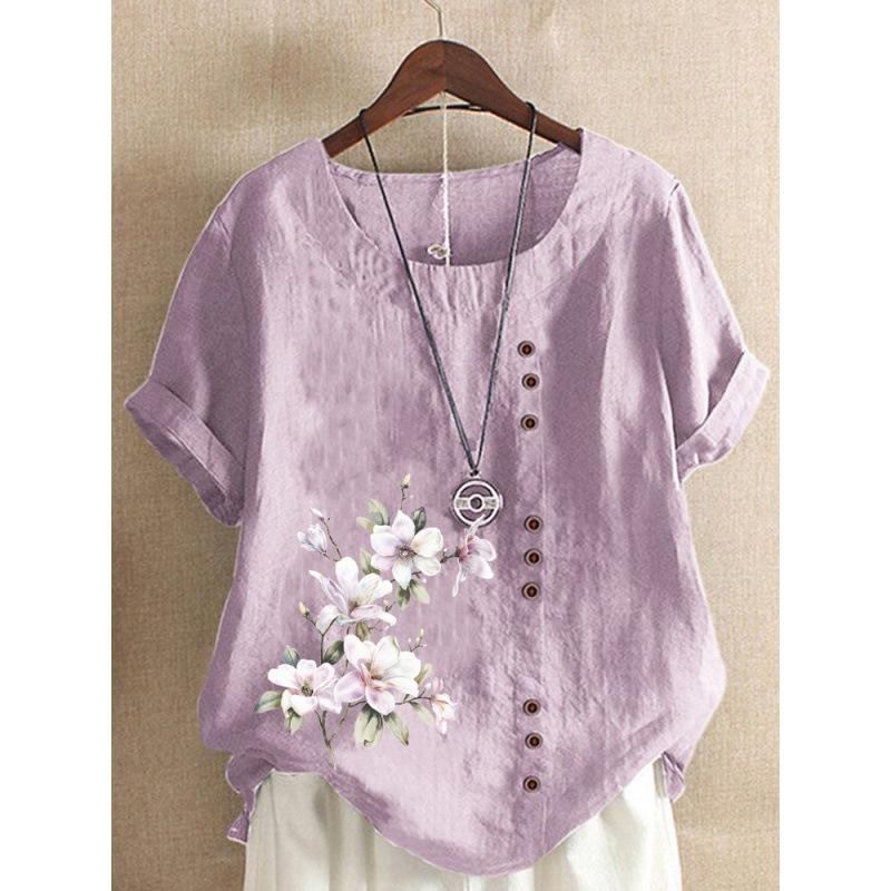 Autumn Vintage Cotton and Linen Printed Loose Casual Shirt with Short Sleeves for Women