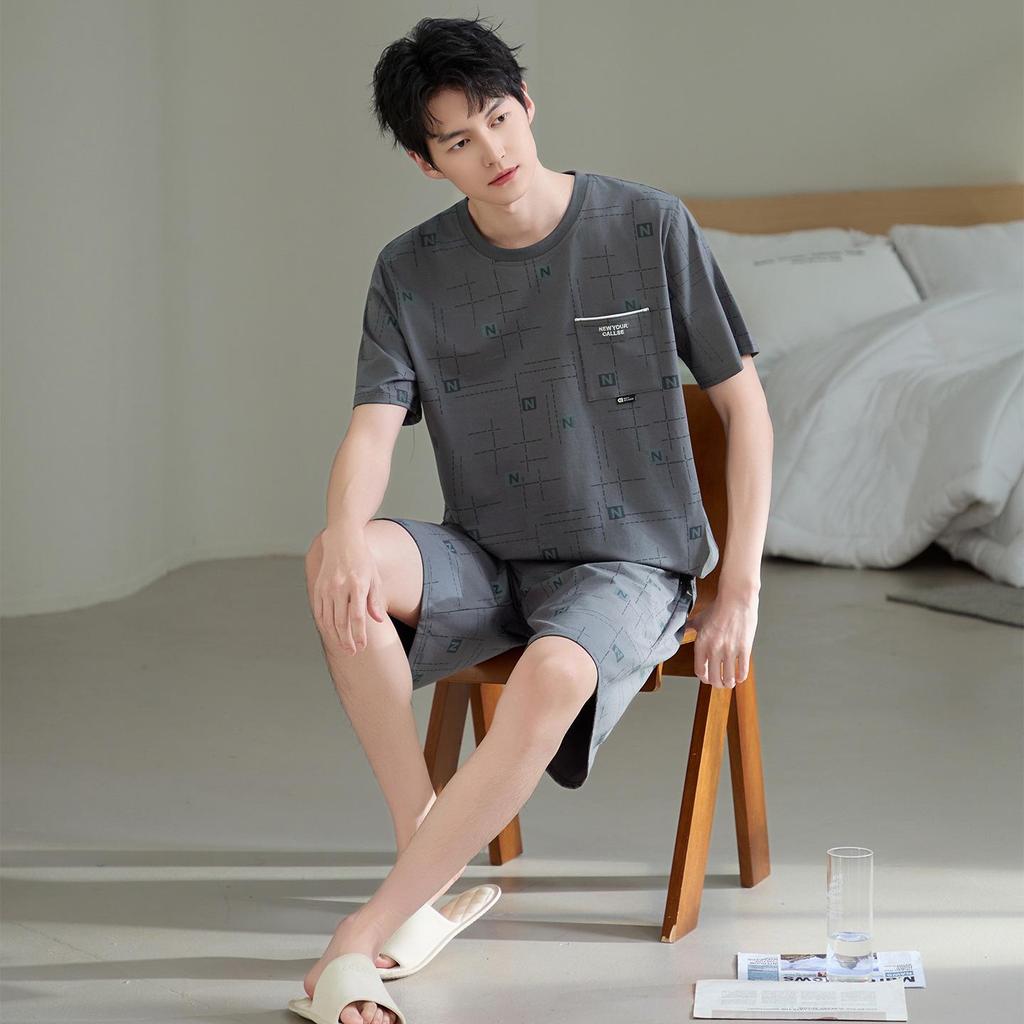 7A Antibacterial Plus Size Cotton Pajamas for Men - Short Sleeve & Shorts, Cooling, Round Neck, Summer Outerwear/Loungewear