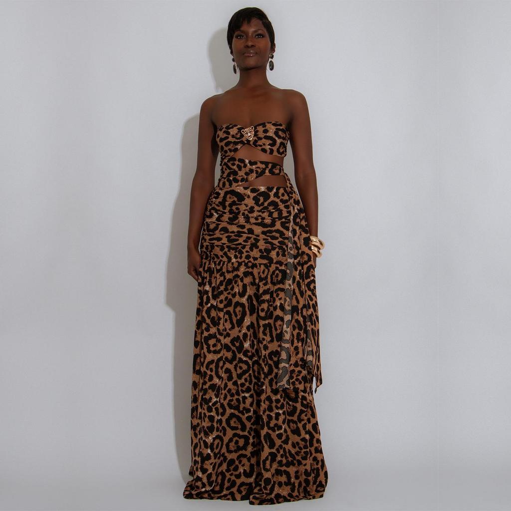 C7501 Leopard Print Off-Shoulder Backless Dress - Women's Sexy European & American Fashion