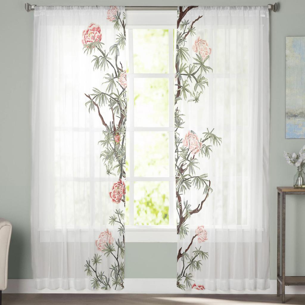 Summer Flowers Leaves Vines Sheer Window Curtains For Living Room Kitchen Children Bedroom Voile Hanging Curtain