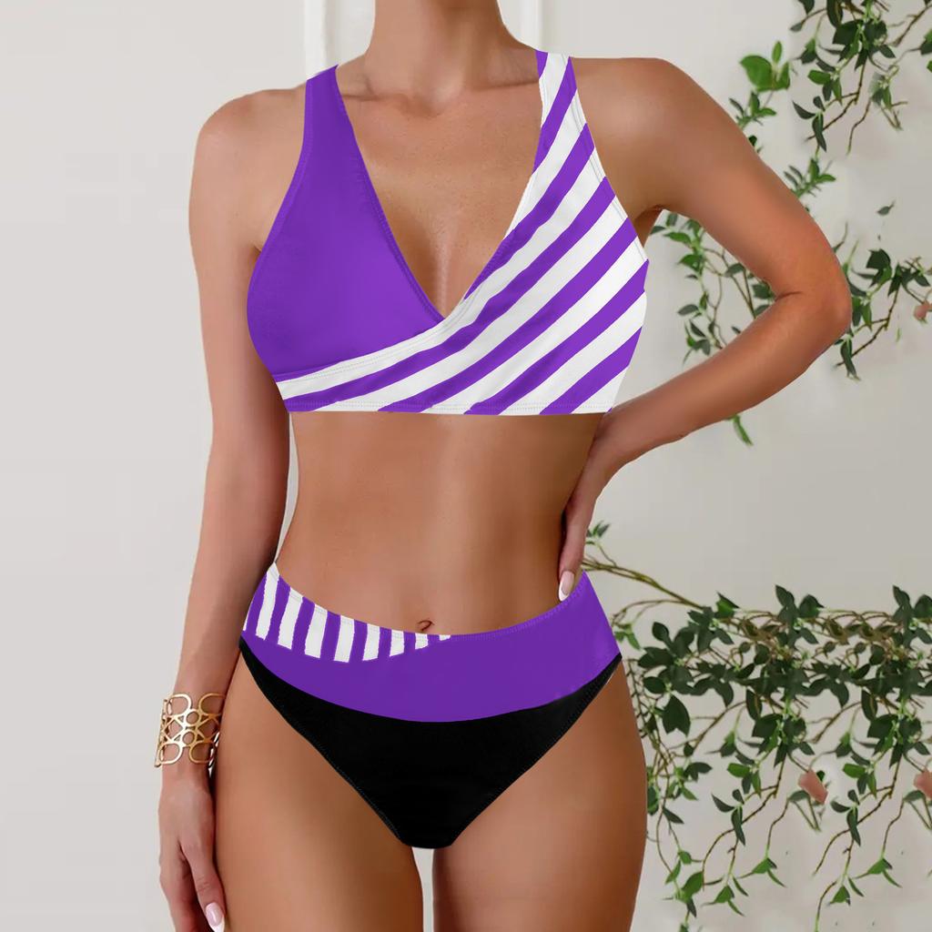 Women's Halter Half Edge Stripe Print Bikini Tankini Swimsuit
