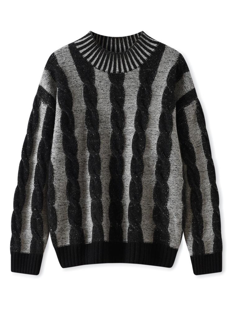 Heavyweight Contrast Color Cable Knit Cashmere Sweater - Autumn/Winter, Long Sleeve, Textured, Thick, Fashionable, Loose Fit Knitwear.