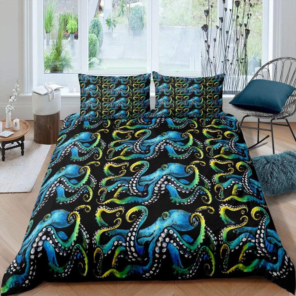Oktopus Bettbezug-Set, Cartoon Oktopus Tentakel Polyester Bettdeckenbezug Einzelgröße, Meer Marine Bettwäsche-Set für Kind Jungen Mädchen