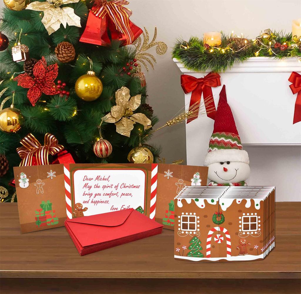 10 Pack Christmas Gingerbread House Greeting Cards Gift (10 Cards + 10 Envelopes) Tri-Fold Double-Sided Holiday Party Decoration Cards
