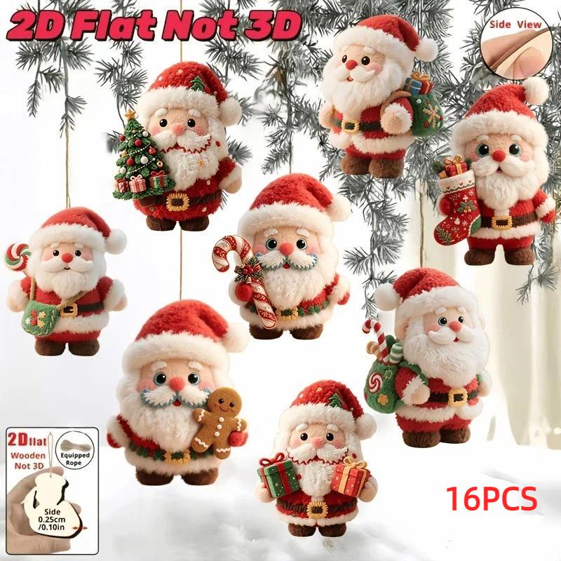 8/16/24Pcs Christmas Wooden Gingerbread Man Santa Claus 2D Flat Pendant Christmas Tree Decoration Perfect Holiday Gift Decor