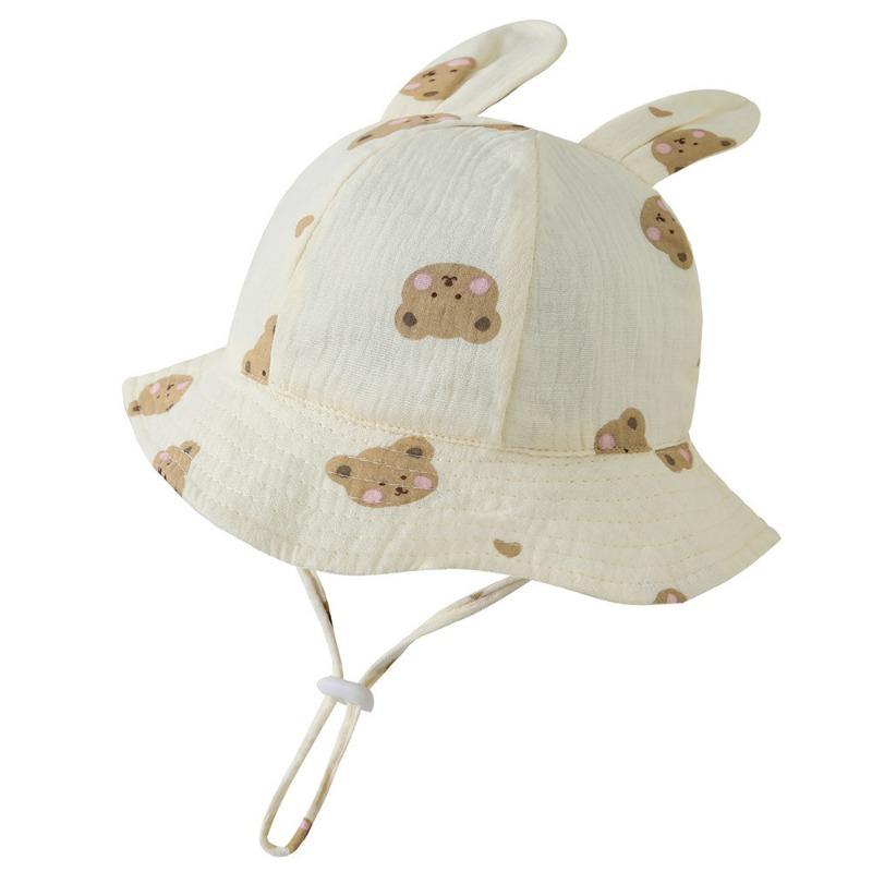 New Baby Gauze Basin Hat Baby Pleated Printed Bucket Hat Rabbit Ear Sun Hat 3-12M