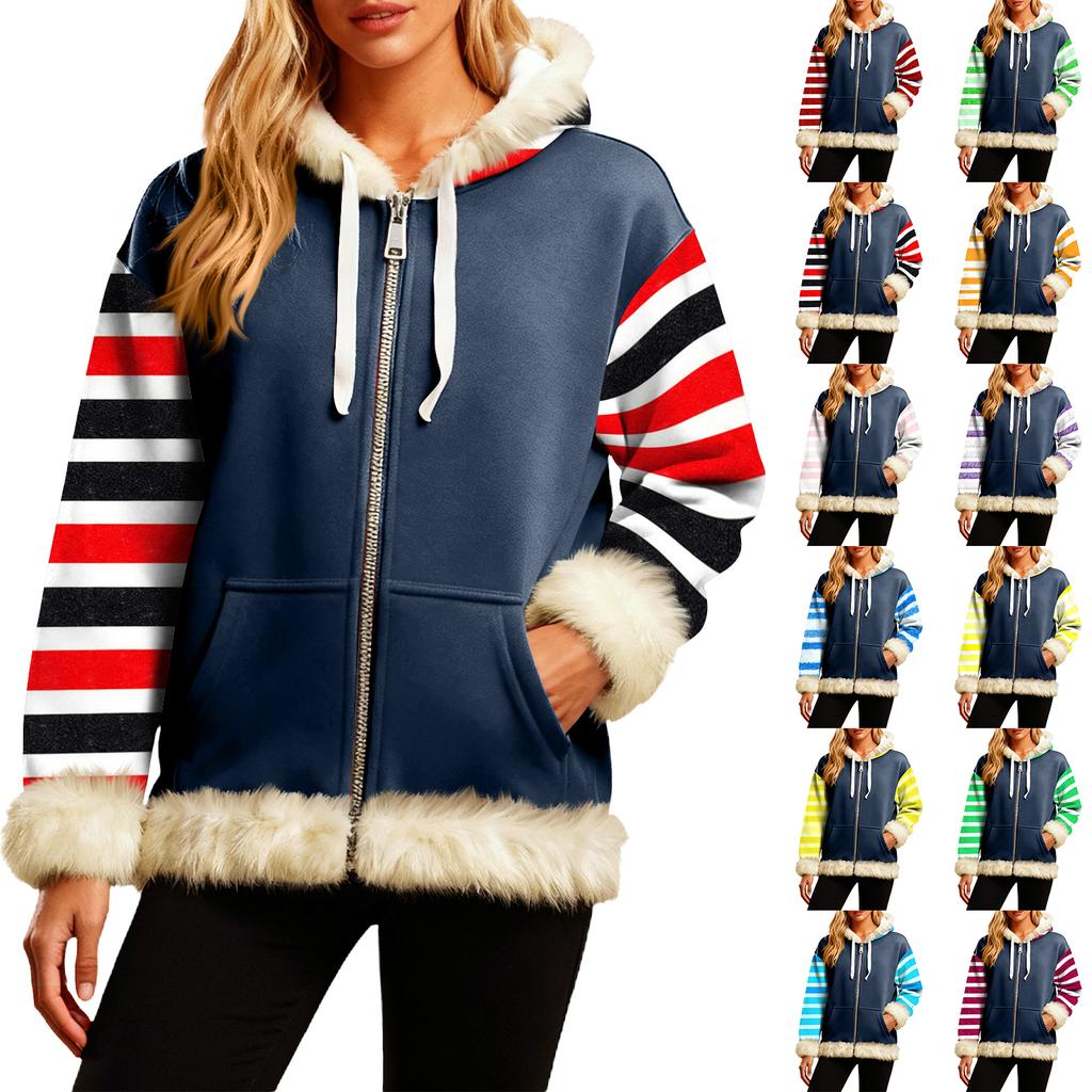Women's Comfortable Loose Fashion Casual Striped Print Long Sleeve Pockets Hooded Sweatshirt Jacket