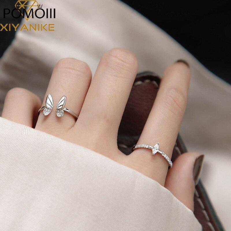 Stříbro 925 Korejský Bílý Trojrozměrný Motýl Zirkon Dvojitý Prsten Set Unikátní Design Hmyzí Kombinace